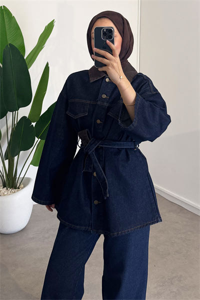 Yaka Garnili Denim Takım - Koyu Kot