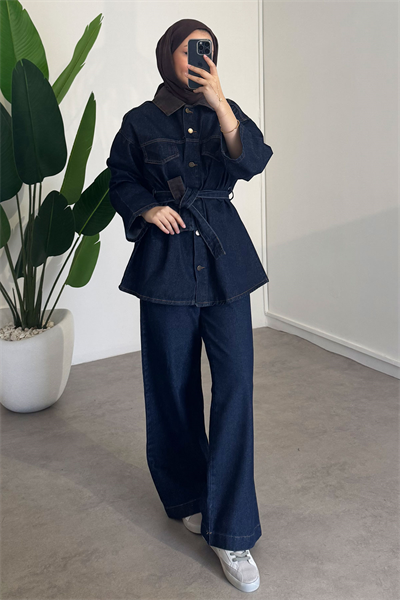 Yaka Garnili Denim Takım - Koyu Kot