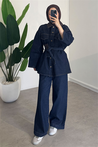 Yaka Garnili Denim Takım - Koyu Kot
