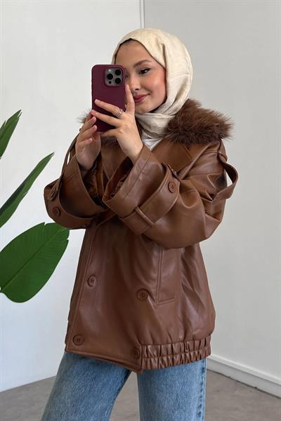 YAKA KÜRKLÜ DERİ CEKET 31-4029  - KAHVERENGİ