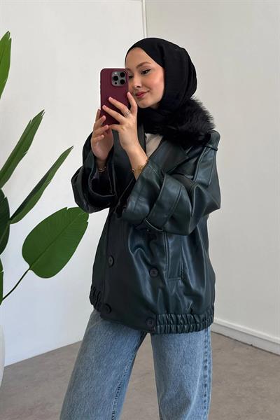 YAKA KÜRKLÜ DERİ CEKET 31-4029  - ZÜMRÜT YEŞİL
