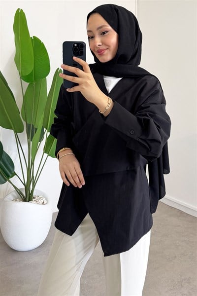 Yandan Düğmeli Gömlek - Siyah