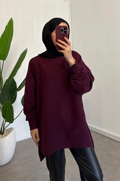 Yırtmaçlı Basıc Sweatshirt - Bordo