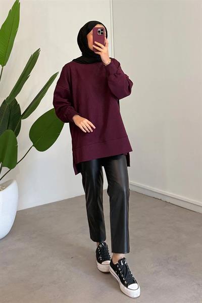 Yırtmaçlı Basıc Sweatshirt - Bordo