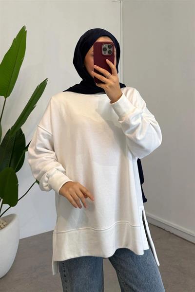 Yırtmaçlı Basıc Sweatshirt - Ekru