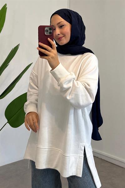 Yırtmaçlı Basıc Sweatshirt - Ekru
