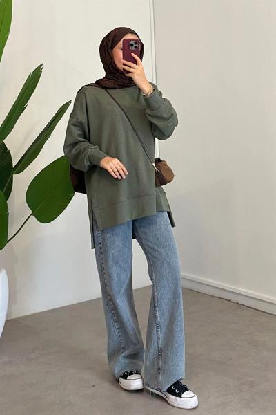 Yırtmaçlı Basıc Sweatshirt - Haki Yeşil