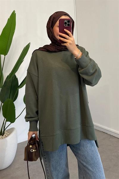 Yırtmaçlı Basıc Sweatshirt - Haki Yeşil