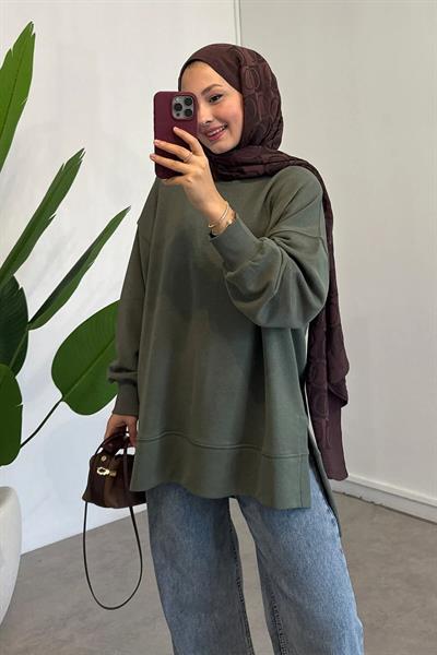 Yırtmaçlı Basıc Sweatshirt - Haki Yeşil