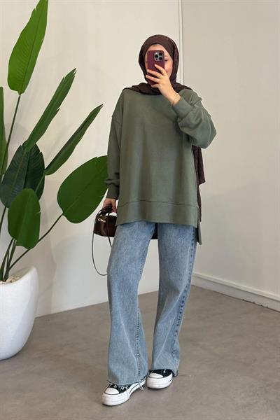 Yırtmaçlı Basıc Sweatshirt - Haki Yeşil