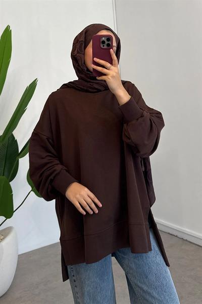Yırtmaçlı Basıc Sweatshirt - Kahverengi