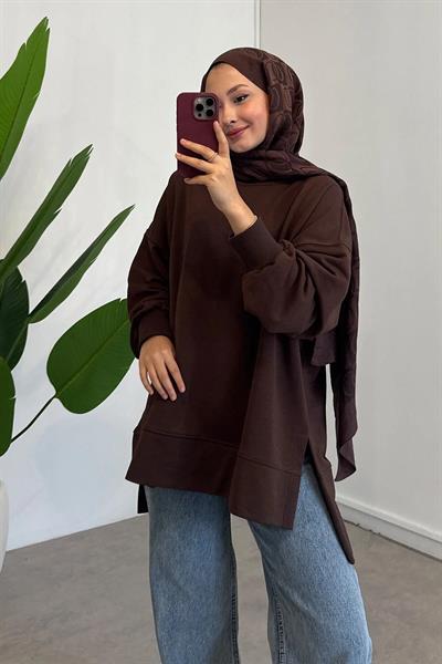 Yırtmaçlı Basıc Sweatshirt - Kahverengi
