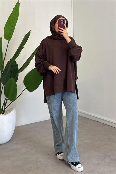 Yırtmaçlı Basıc Sweatshirt - Kahverengi
