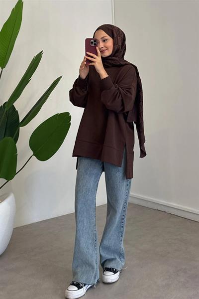 Yırtmaçlı Basıc Sweatshirt - Kahverengi