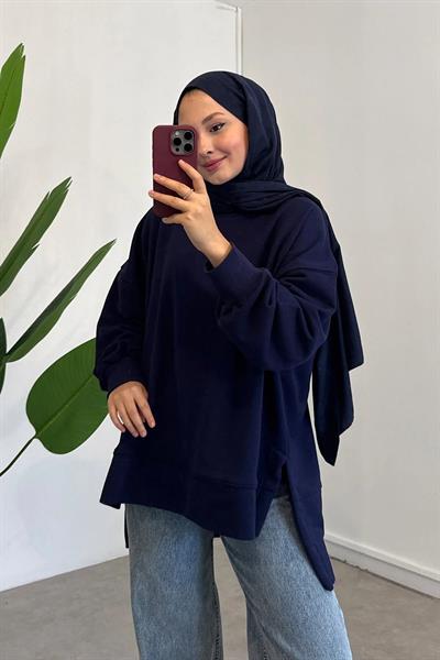 Yırtmaçlı Basıc Sweatshirt - Lacivert