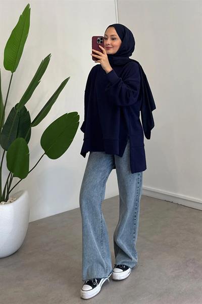 Yırtmaçlı Basıc Sweatshirt - Lacivert