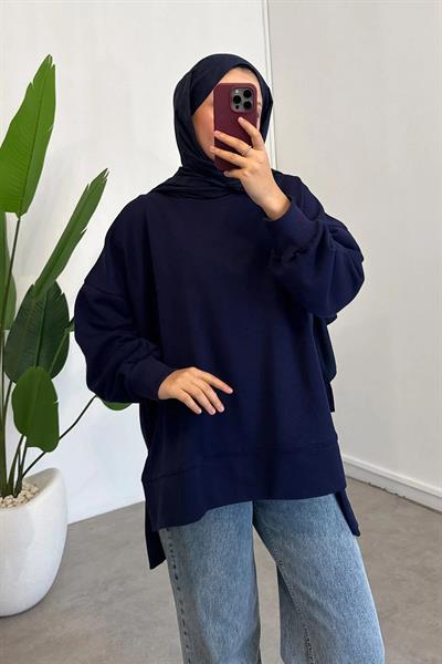 Yırtmaçlı Basıc Sweatshirt - Lacivert