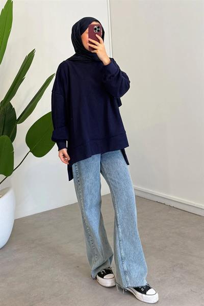 Yırtmaçlı Basıc Sweatshirt - Lacivert