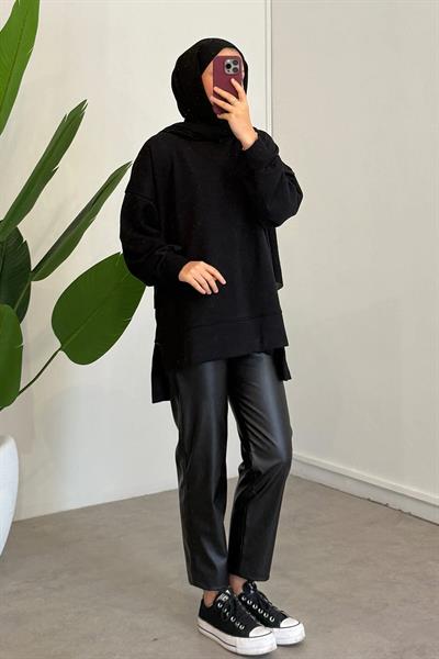 Yırtmaçlı Basıc Sweatshirt - Siyah