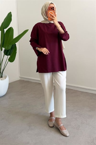 Yırtmaçlı Basıc Tunik - Bordo