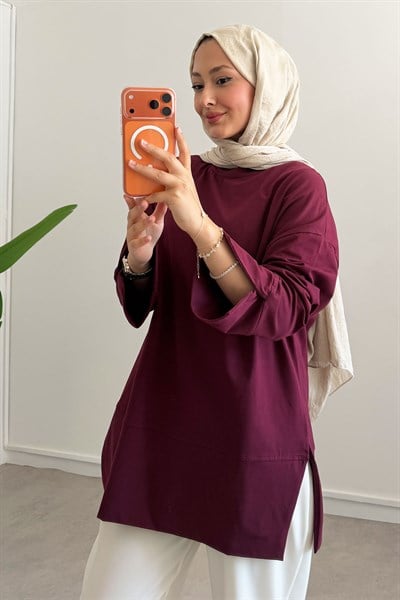 Yırtmaçlı Basıc Tunik - Bordo