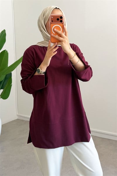 Yırtmaçlı Basıc Tunik - Bordo
