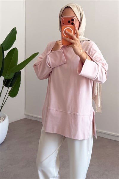 Yırtmaçlı Basıc Tunik - Pembe