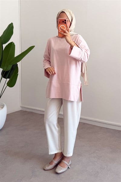 Yırtmaçlı Basıc Tunik - Pembe