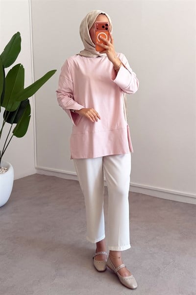Yırtmaçlı Basıc Tunik - Pembe