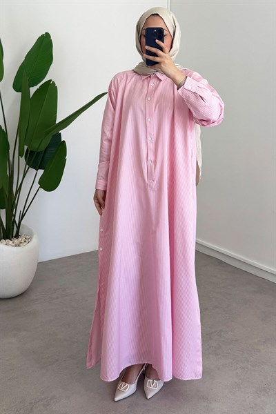 Yırtmaçlı Çizgili Gömlek Elbise - Pembe