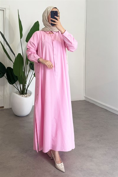 Yırtmaçlı Gömlek Elbise - Pembe
