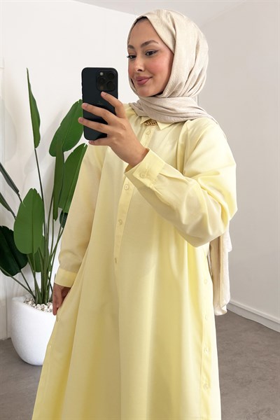 Yırtmaçlı Gömlek Elbise - Sarı