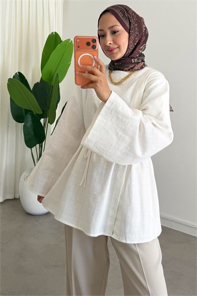 Yırtmaçlı Keten Tunik - Beyaz