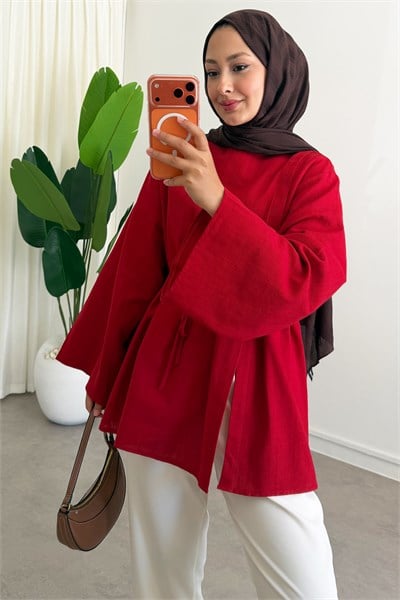 Yırtmaçlı Keten Tunik - Kırmızı