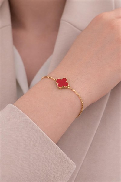 Kırmızı Renk Yonca Model Altın Bileklik