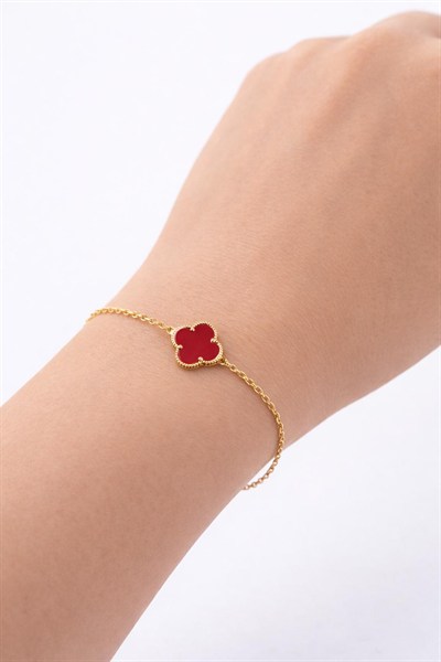 Kırmızı Renk Yonca Model Altın Bileklik
