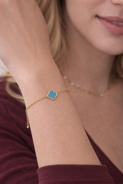 Turkuaz Renk Yonca Model Altın Bileklik