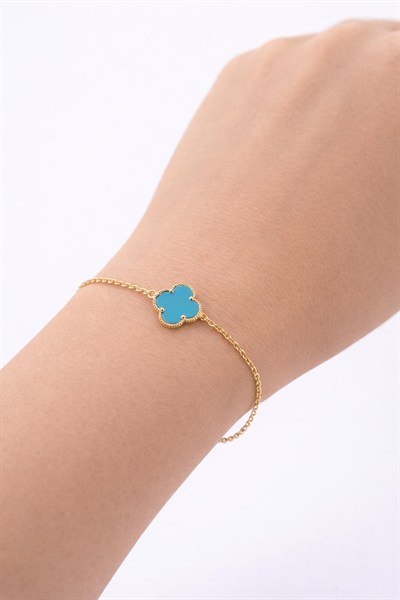 Turkuaz Renk Yonca Model Altın Bileklik