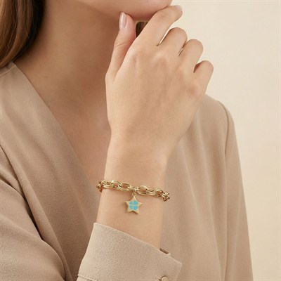 Yıldız Sallantılı Mineli Desenli Detaylarla İşlenmiş Altın Bileklik 