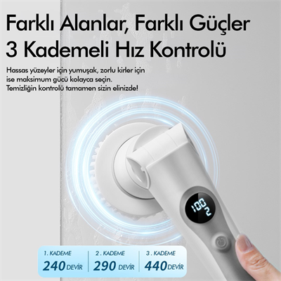 Kablosuz Şarjlı Temizlik Fırçası 8 Başlıklı 3 Kademe Hız Ayarlı Teleskopik Çok Amaçlı Ev Cihazı
