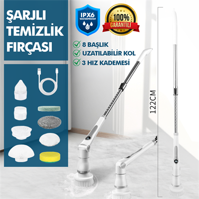 Kablosuz Şarjlı Temizlik Fırçası 8 Başlıklı 3 Kademe Hız Ayarlı Teleskopik Çok Amaçlı Ev Cihazı
