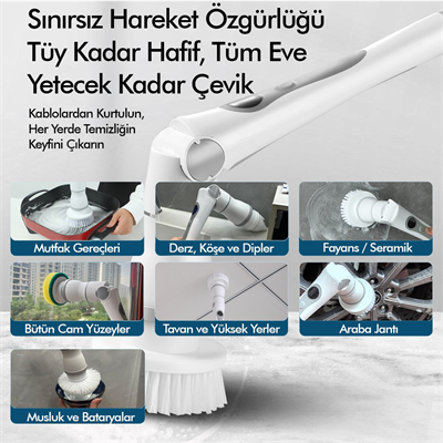 Kablosuz Şarjlı Temizlik Fırçası 8 Başlıklı 3 Kademe Hız Ayarlı Teleskopik Çok Amaçlı Ev Cihazı