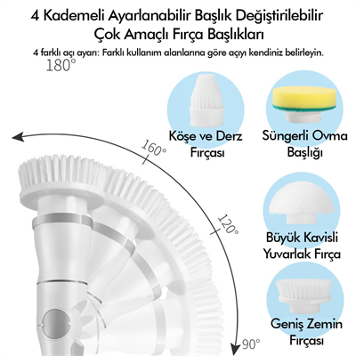 Kablosuz Şarjlı Temizlik Fırçası 8 Başlıklı 3 Kademe Hız Ayarlı Teleskopik Çok Amaçlı Ev Cihazı
