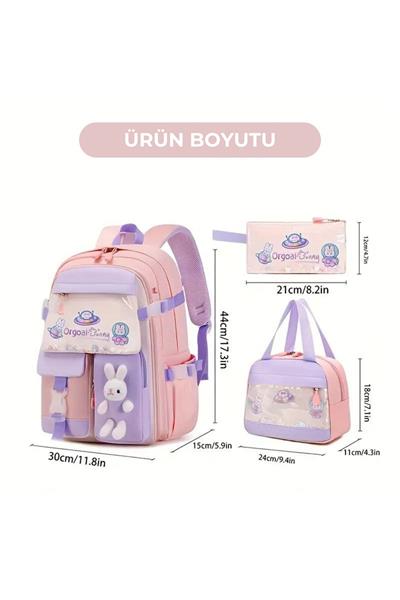 Kore Tarzı Aksesuarlı 3lü Kız Çocuk İlkokul Ortaokul Çantası Sırt Çantası Termal Beslenme Kalemlik