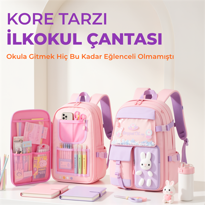 Kore Tarzı Aksesuarlı Kız Çocuk İlkokul Ortaokul Çantası Sırt Çantası