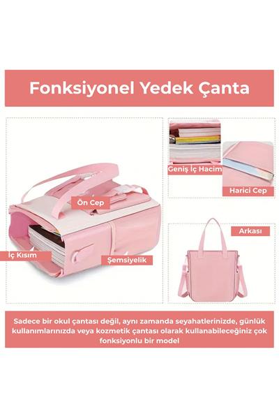 Kore Tarzı Kız Çocuk Okul Çantası – Sırt Çantası, Yedek Çanta Kalemlik Sırt Çantası Pembe