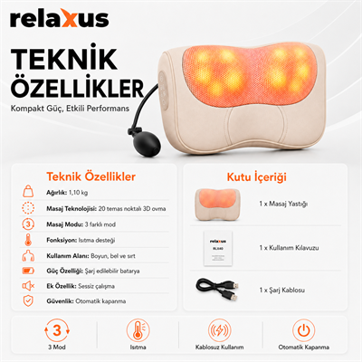 RLX40 Taşınabilir Şişirilebilir Ovmalı Isıtmalı Masaj Yastığı Boyun, Bel ve Sırt Şarjlı Masaj Aleti