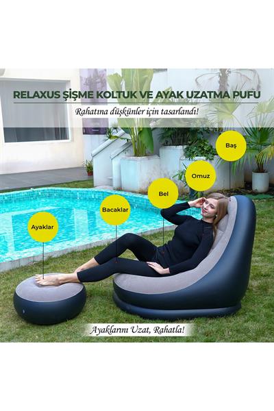 Şişme Koltuk ve Ayak Uzatma Pufu – Ev, Kamp, Ofis Kullanımı İçin, Pompa Hediyeli, Taşınabilir