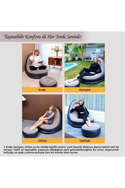 Şişme Koltuk ve Ayak Uzatma Pufu – Ev, Kamp, Ofis Kullanımı İçin, Pompa Hediyeli, Taşınabilir