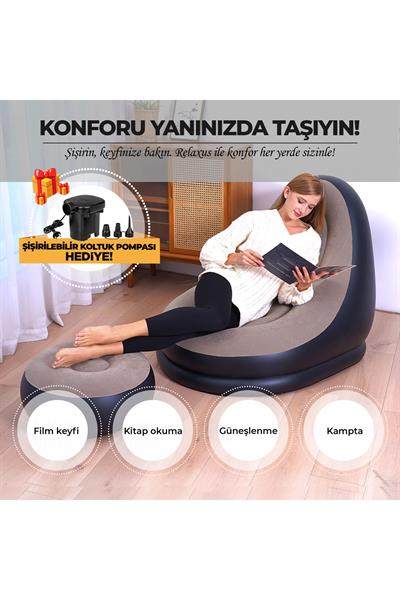 Şişme Koltuk ve Ayak Uzatma Pufu – Ev, Kamp, Ofis Kullanımı İçin, Pompa Hediyeli, Taşınabilir